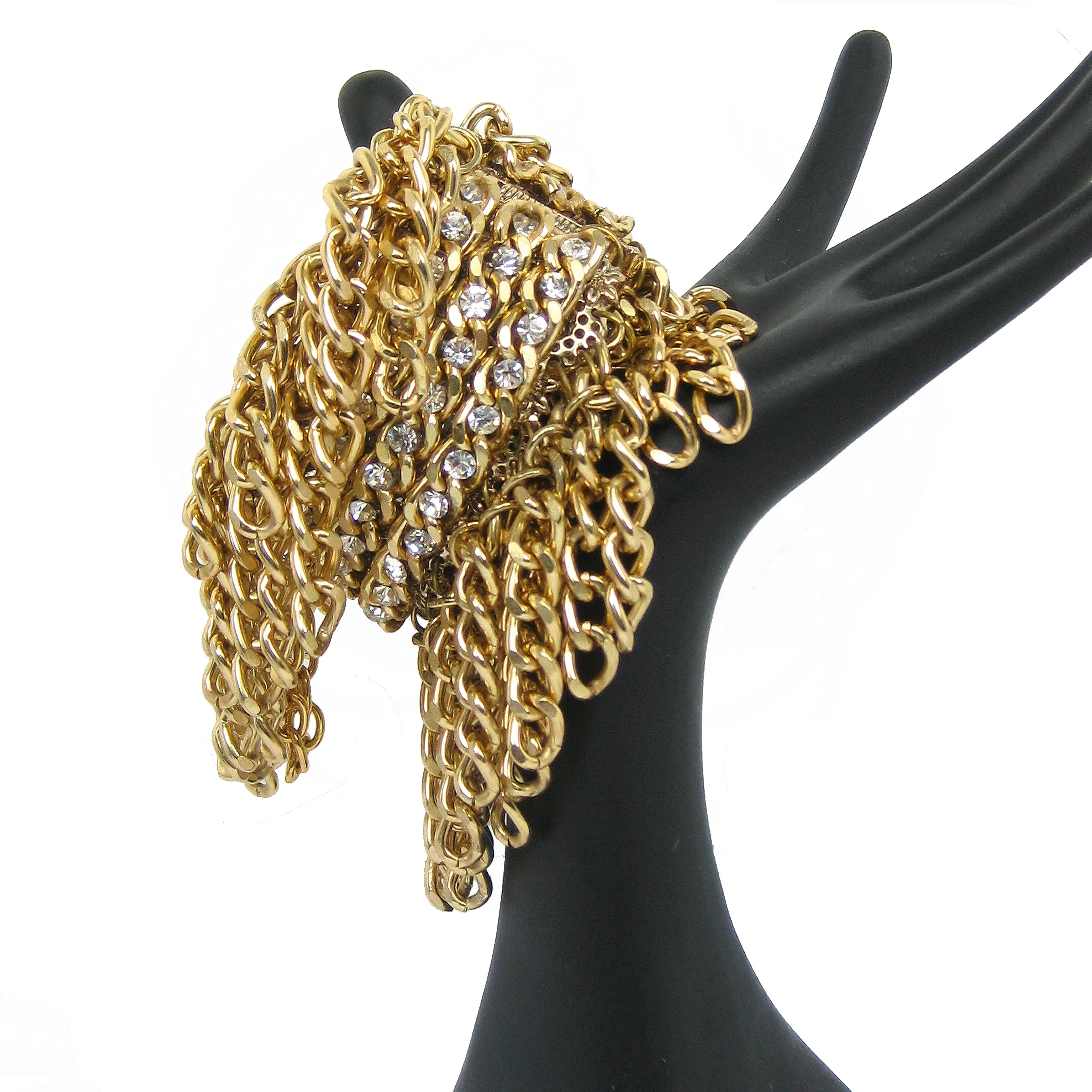 #1042b Gold Tone Chain & Crystal Rhinestone Embellished Bangle Bracelet With Fringe