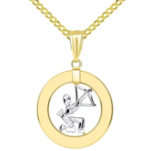 14k Gold Open Circle Sagittarius Zodiac Sign Pendant Cuban Necklace - Two-Tone Gold