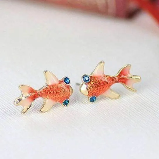 14K Gold Plated Goldfish Earrings with Blue Topaz Crystal Eyes For Woman