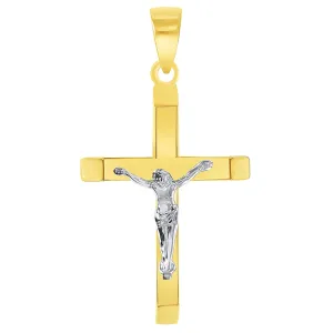 14k Two-Tone Gold 3D Catholic Christian Crucifix Slanted-Edge Cross Pendant (38.5 x 21mm)