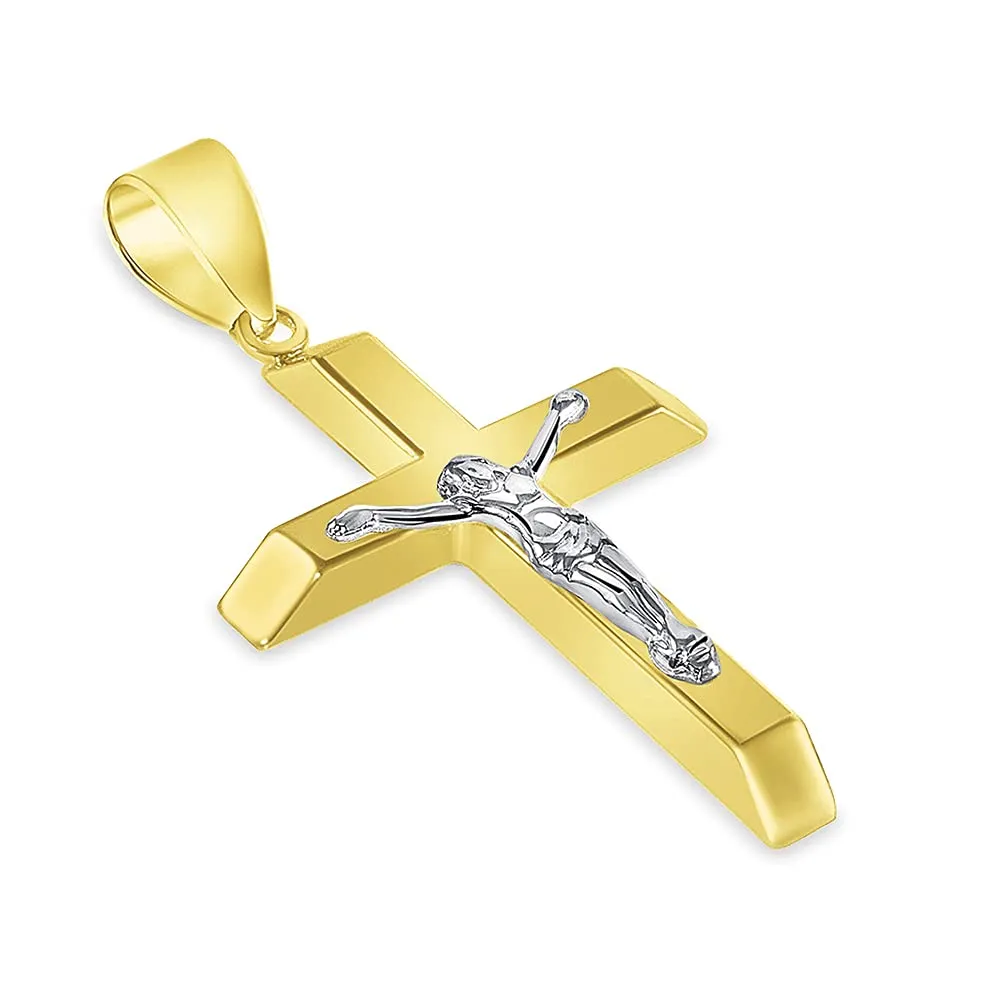 14k Two-Tone Gold 3D Catholic Christian Crucifix Slanted-Edge Cross Pendant (38.5 x 21mm)