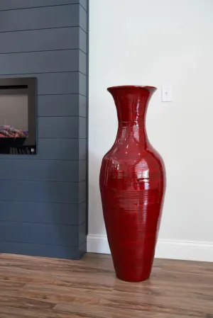 36-inch Red Bamboo Floor Vase with Curly Willow Branches  and Pink Peony Dried Floral