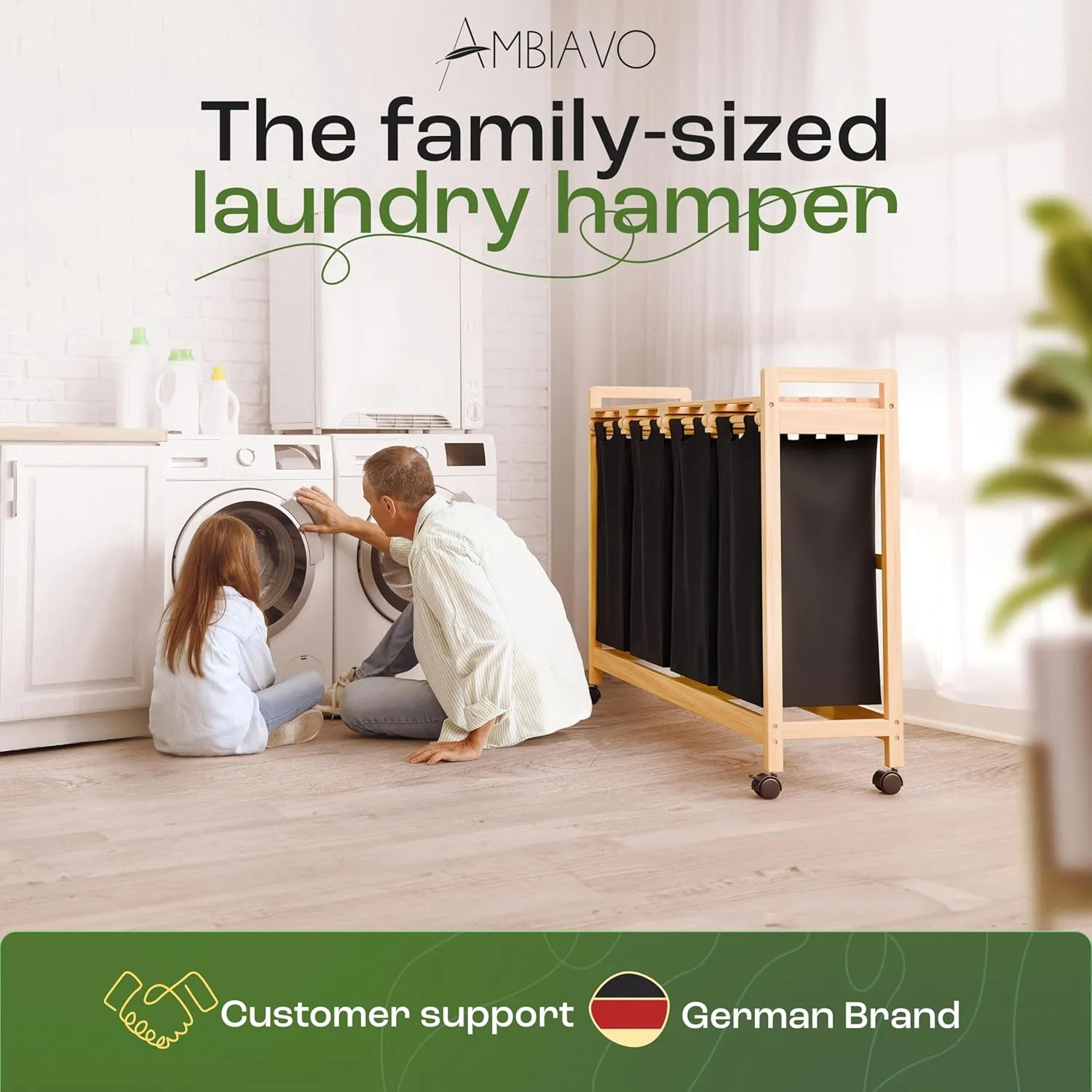 4-Section Laundry Sorter with Wheels – Removable Cotton Bags, Eco-Friendly Bamboo, Stylish Design