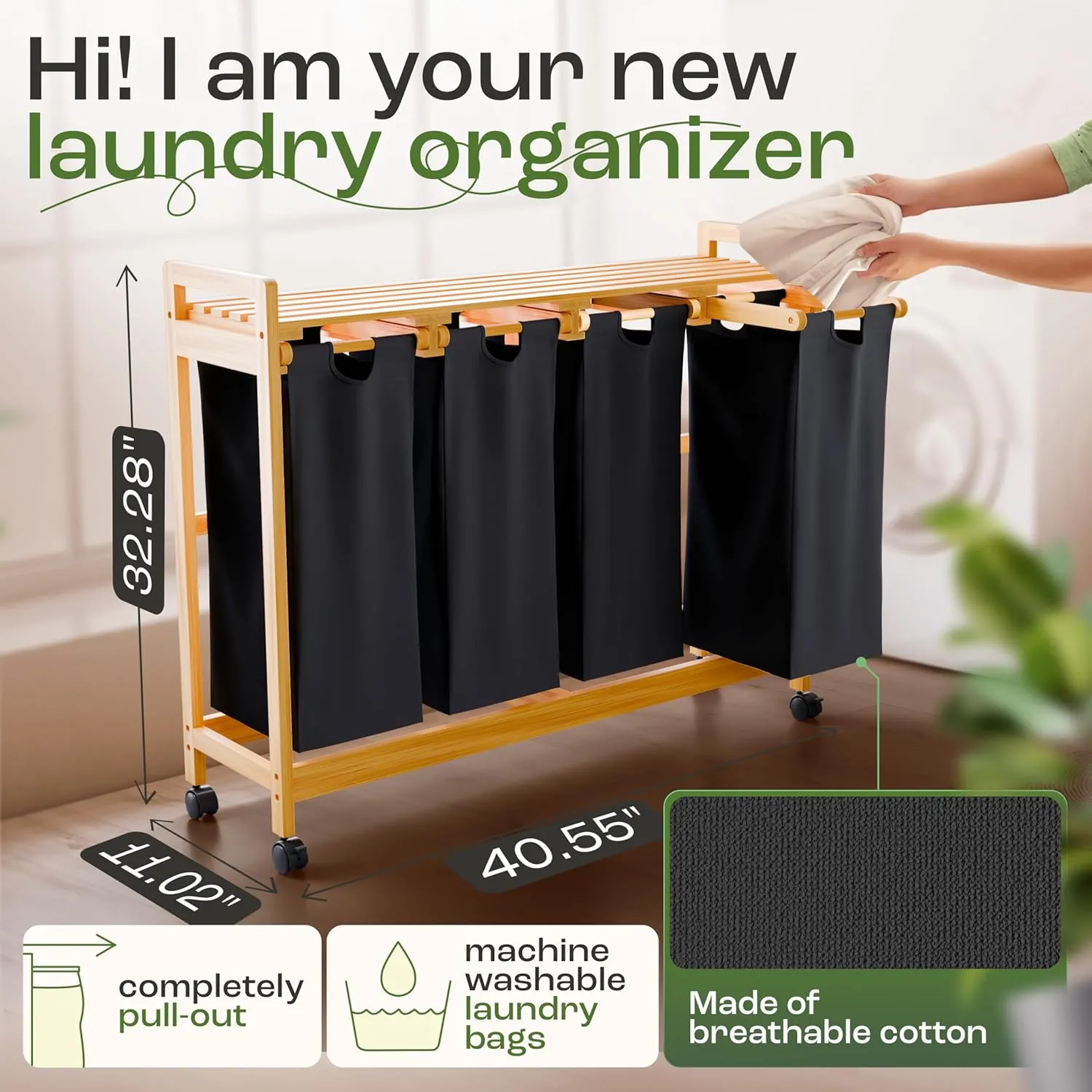 4-Section Laundry Sorter with Wheels – Removable Cotton Bags, Eco-Friendly Bamboo, Stylish Design