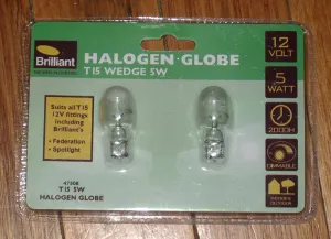 5Watt 12Volt Halogen Wedge Globe with T15 Base (Pkt 2) - Part # 475088