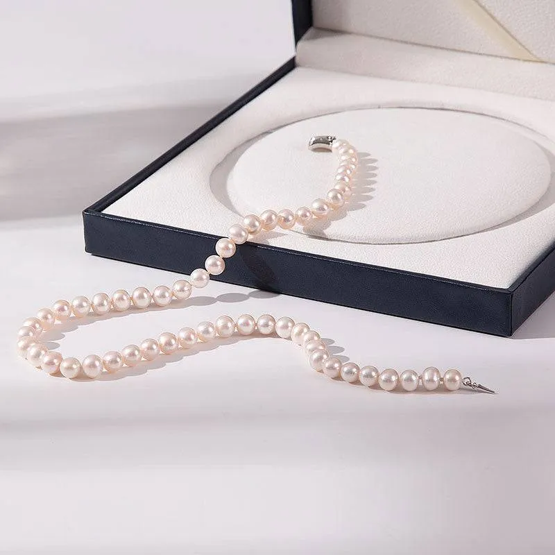 8-9mm White Round Freshwater Pearl Necklace, Sterling Silver Clasp