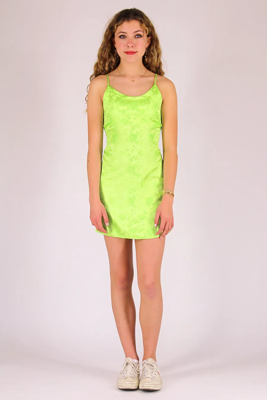 Adjustable Satin Dress - Lime Green with Roses