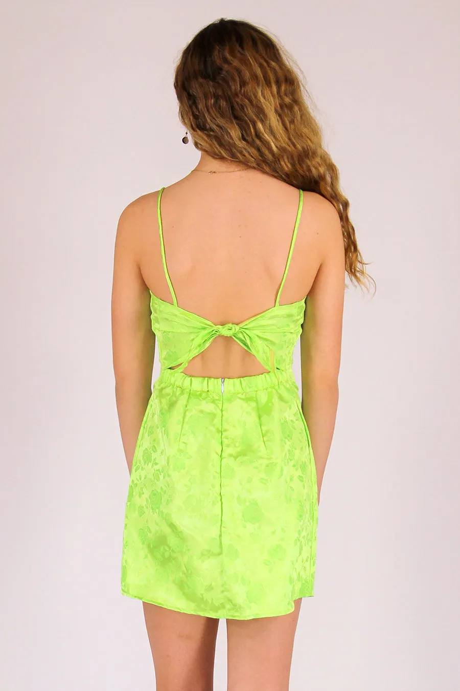 Adjustable Satin Dress - Lime Green with Roses