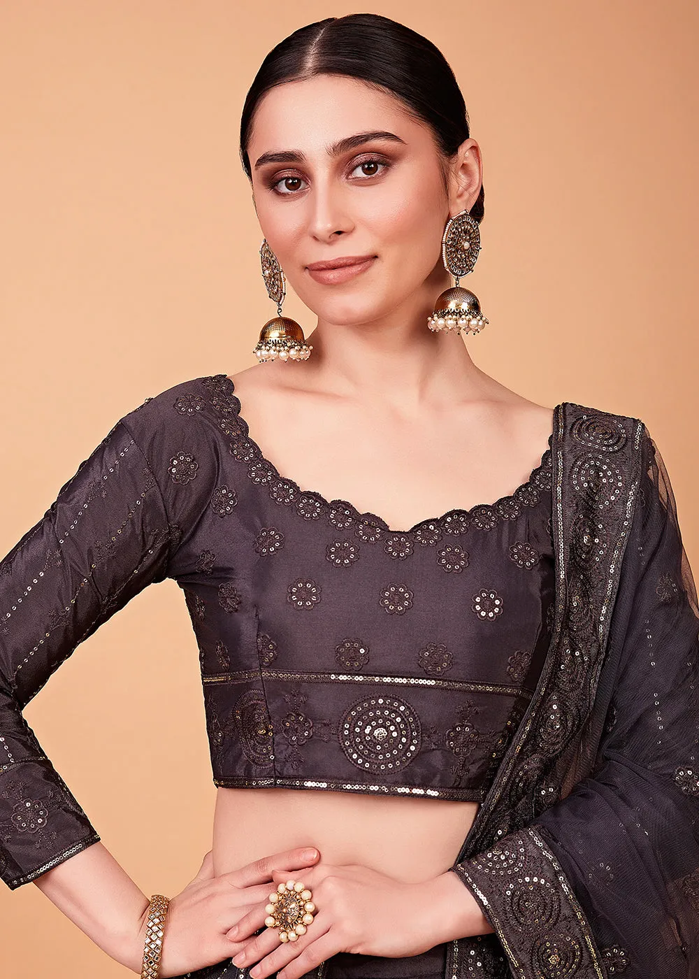 Awesome Grey Multi Thread & Sequins Party Wear Lehenga