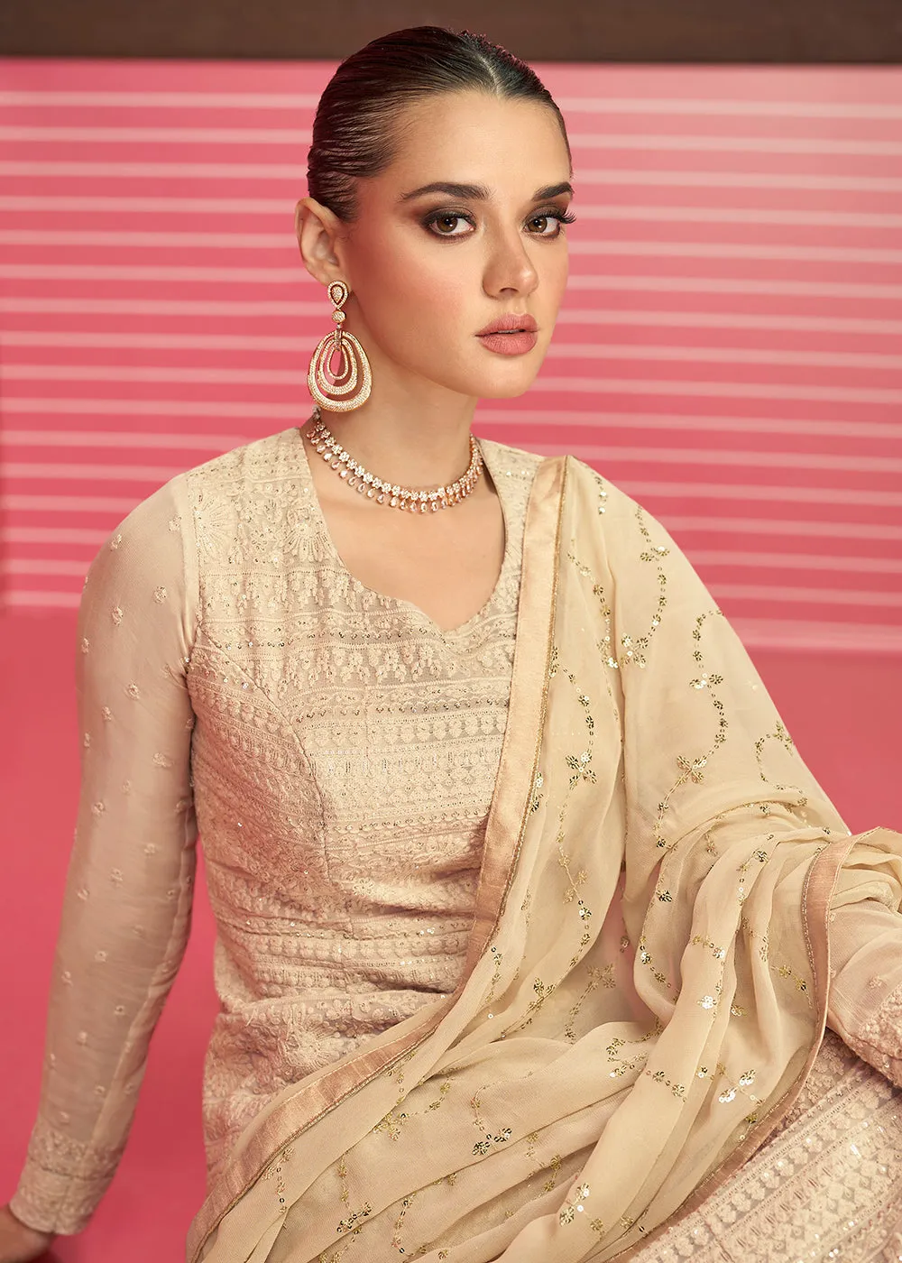 Beige Lucknowi Chikankari Embroidered Bridesmaid Anarkali Suit