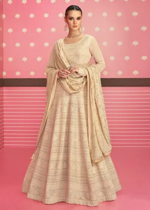 Beige Lucknowi Chikankari Embroidered Bridesmaid Anarkali Suit