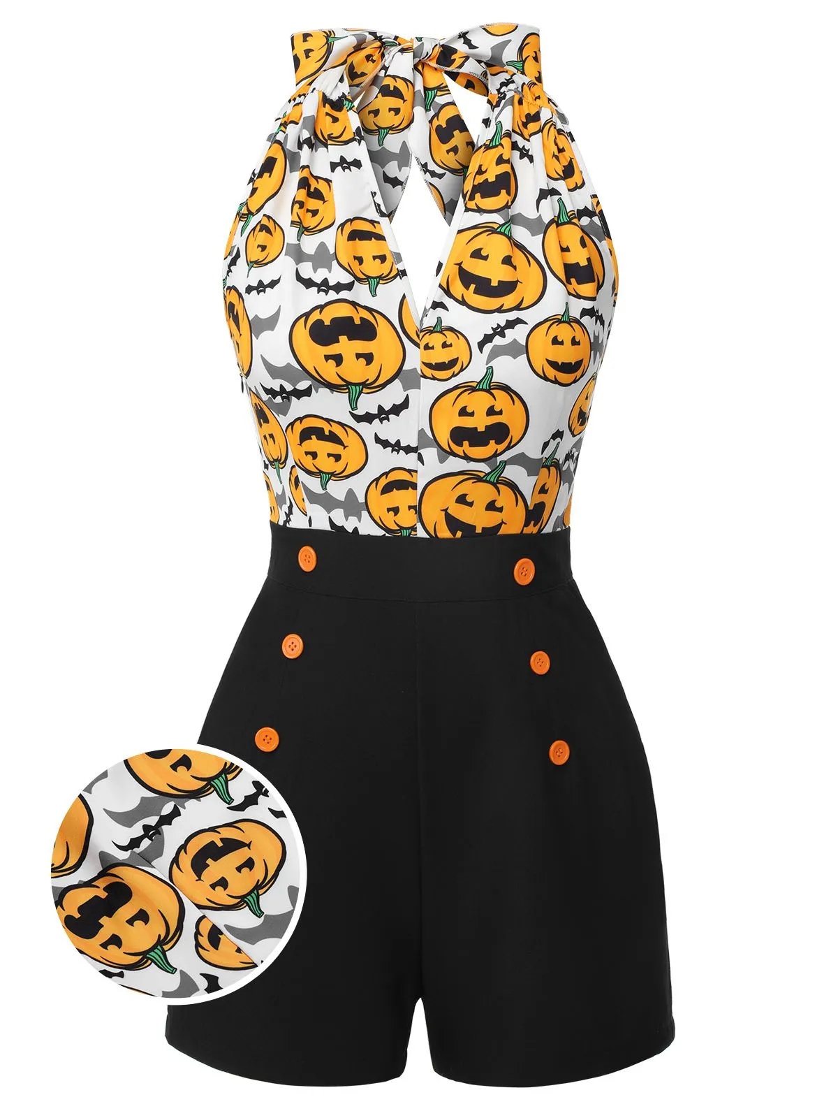 Black 1950s Halloween Pumpkin Halter Romper