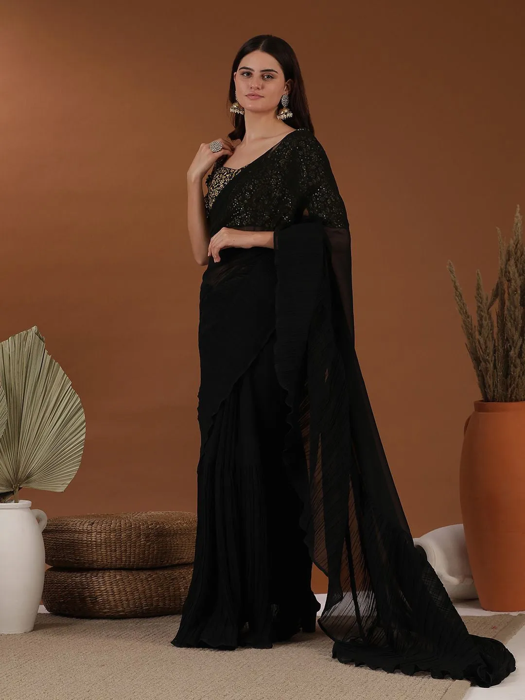 Black Accordian Pleat Ruffles Saree