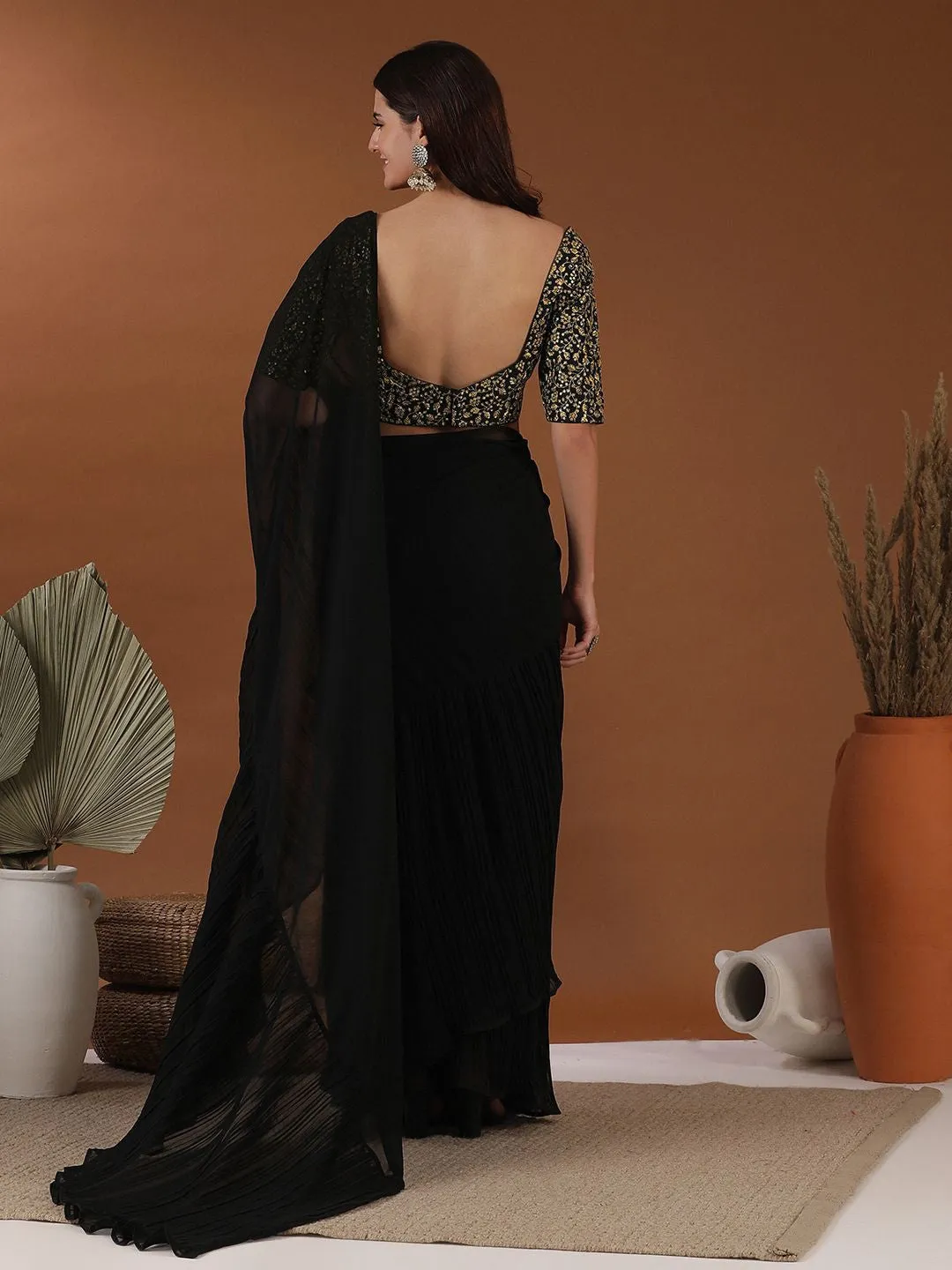 Black Accordian Pleat Ruffles Saree