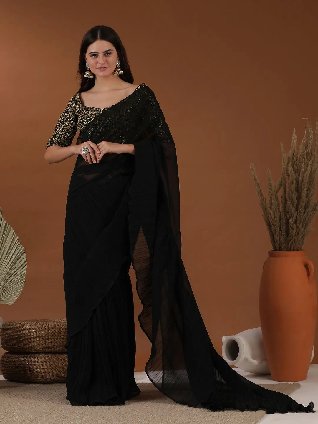 Black Accordian Pleat Ruffles Saree