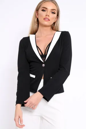 Black Blazer Top with White Contrast Lapels - Ellina