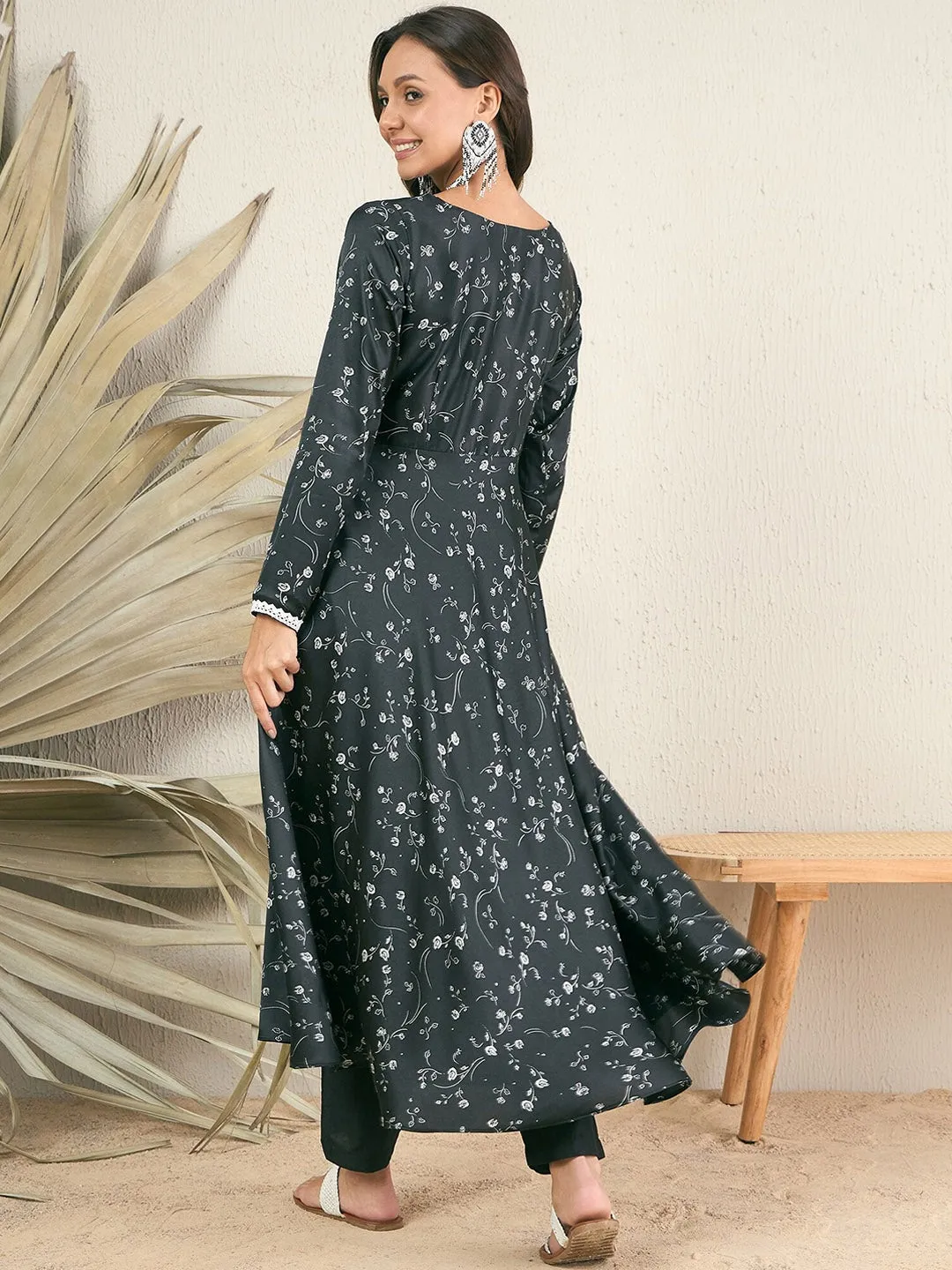 Black Floral Printed Boat Neck Thread Work Satin Anarkali Kurta