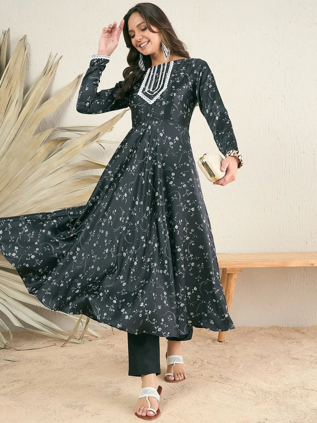 Black Floral Printed Boat Neck Thread Work Satin Anarkali Kurta