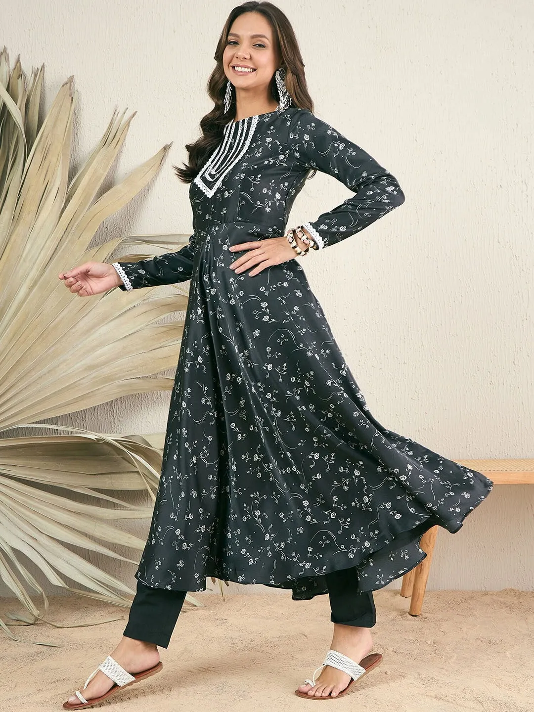 Black Floral Printed Boat Neck Thread Work Satin Anarkali Kurta