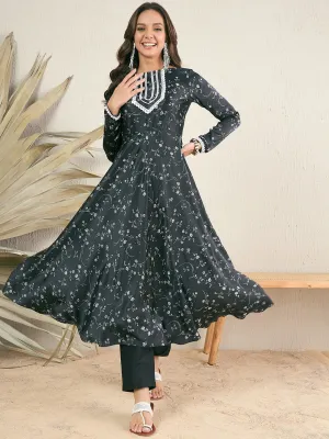 Black Floral Printed Boat Neck Thread Work Satin Anarkali Kurta