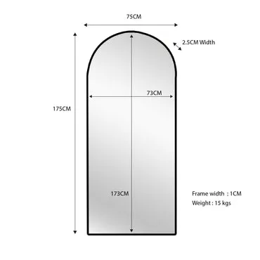 Black Metal Arch Mirror 75x175cm - High-Quality Modern Design