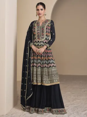 Black Multi Embroidery Sharara Style Suit