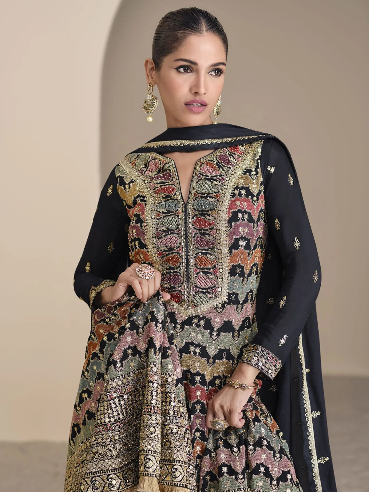 Black Multi Embroidery Sharara Style Suit