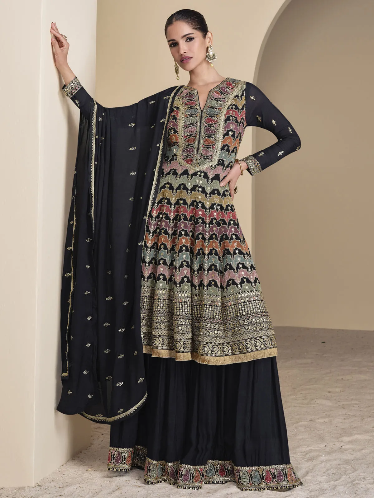 Black Multi Embroidery Sharara Style Suit