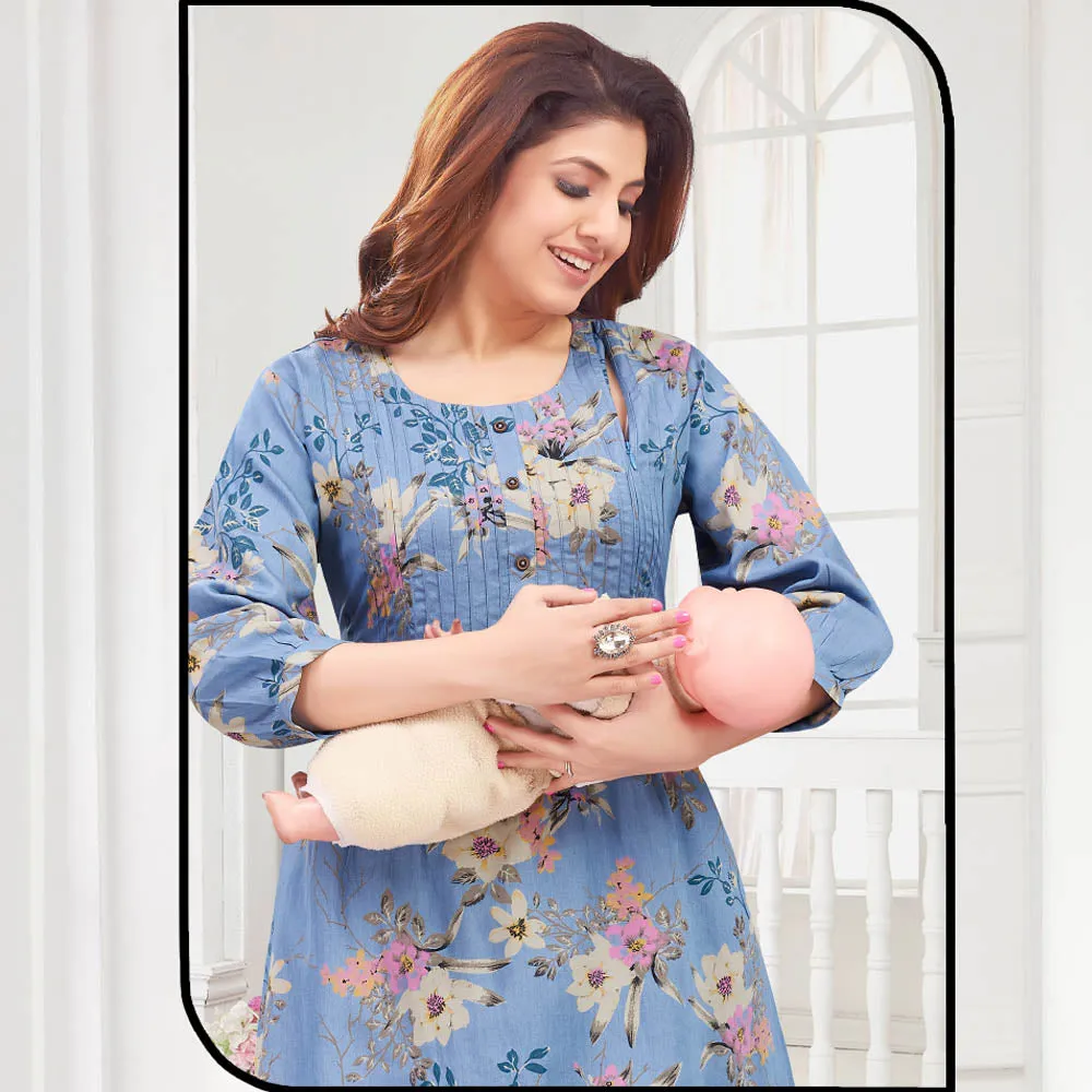 Blue Floral Printed Nursing Maternity Co-Ord Set