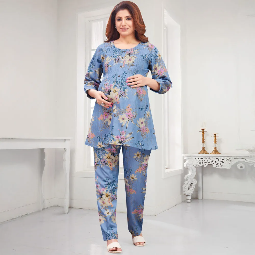 Blue Floral Printed Nursing Maternity Co-Ord Set