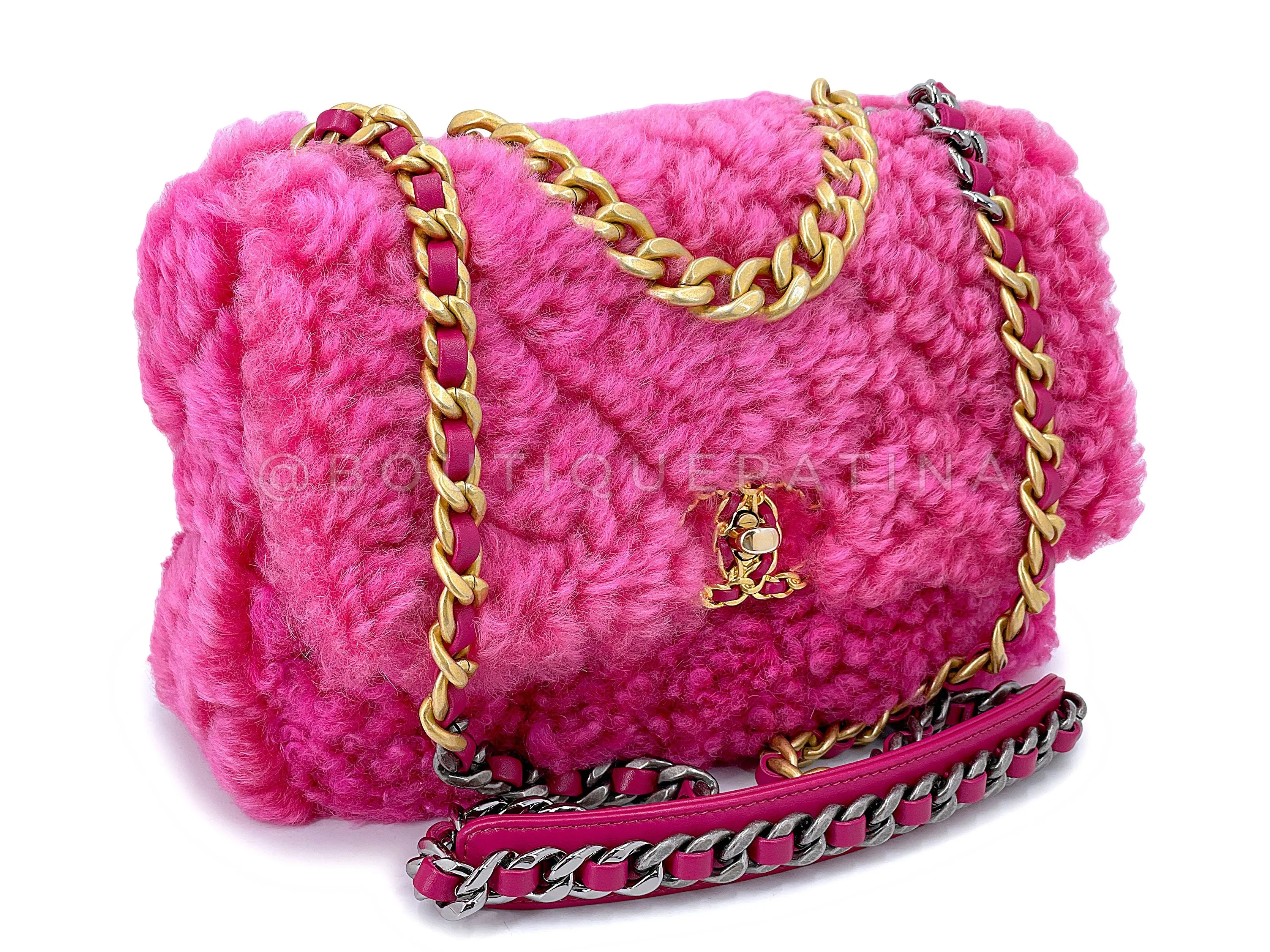 Chanel 19 Pink Shearling Fur Small Medium Flap Bag