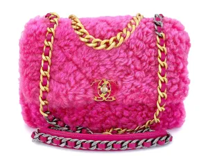 Chanel 19 Pink Shearling Fur Small Medium Flap Bag