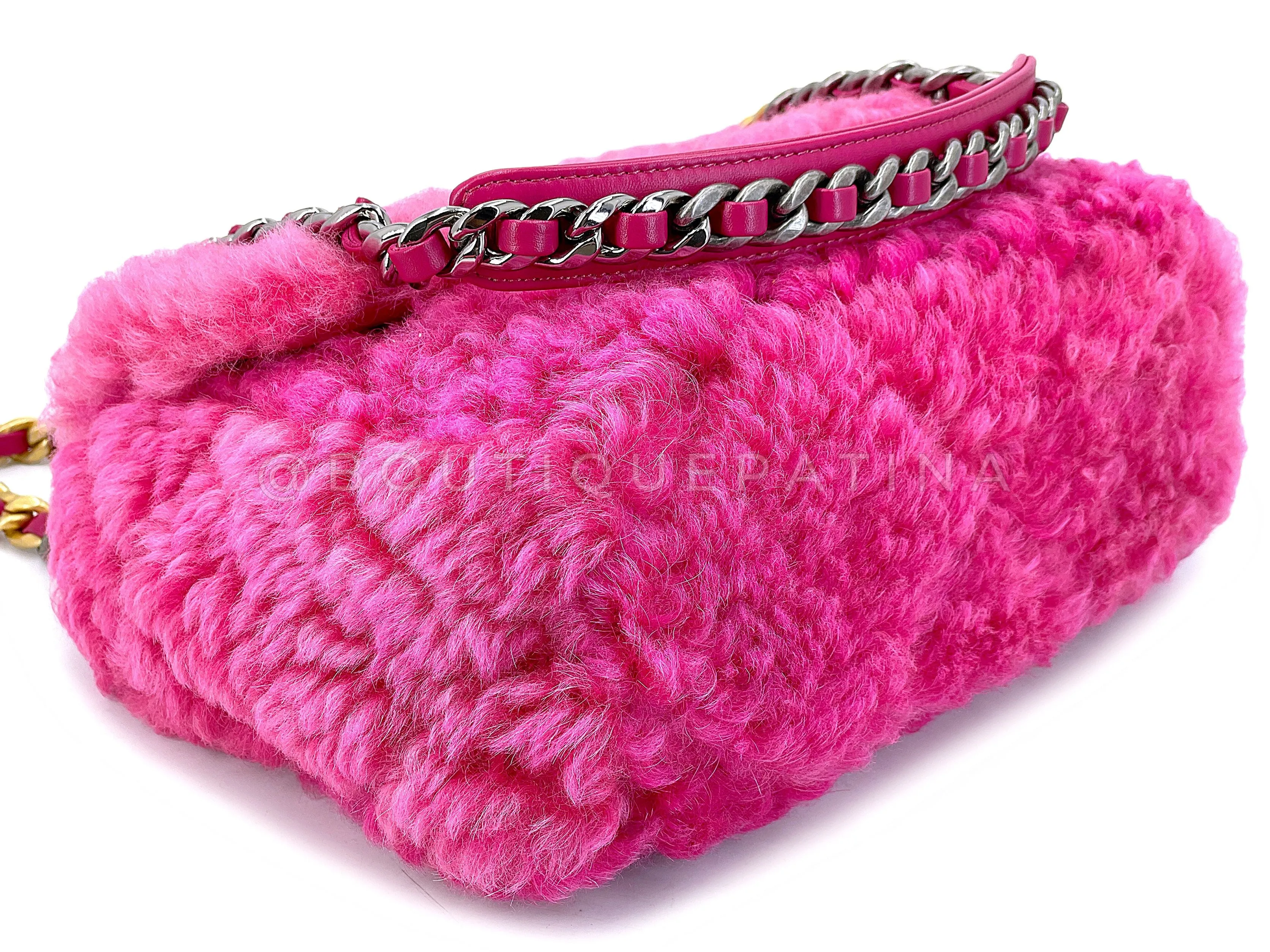 Chanel 19 Pink Shearling Fur Small Medium Flap Bag