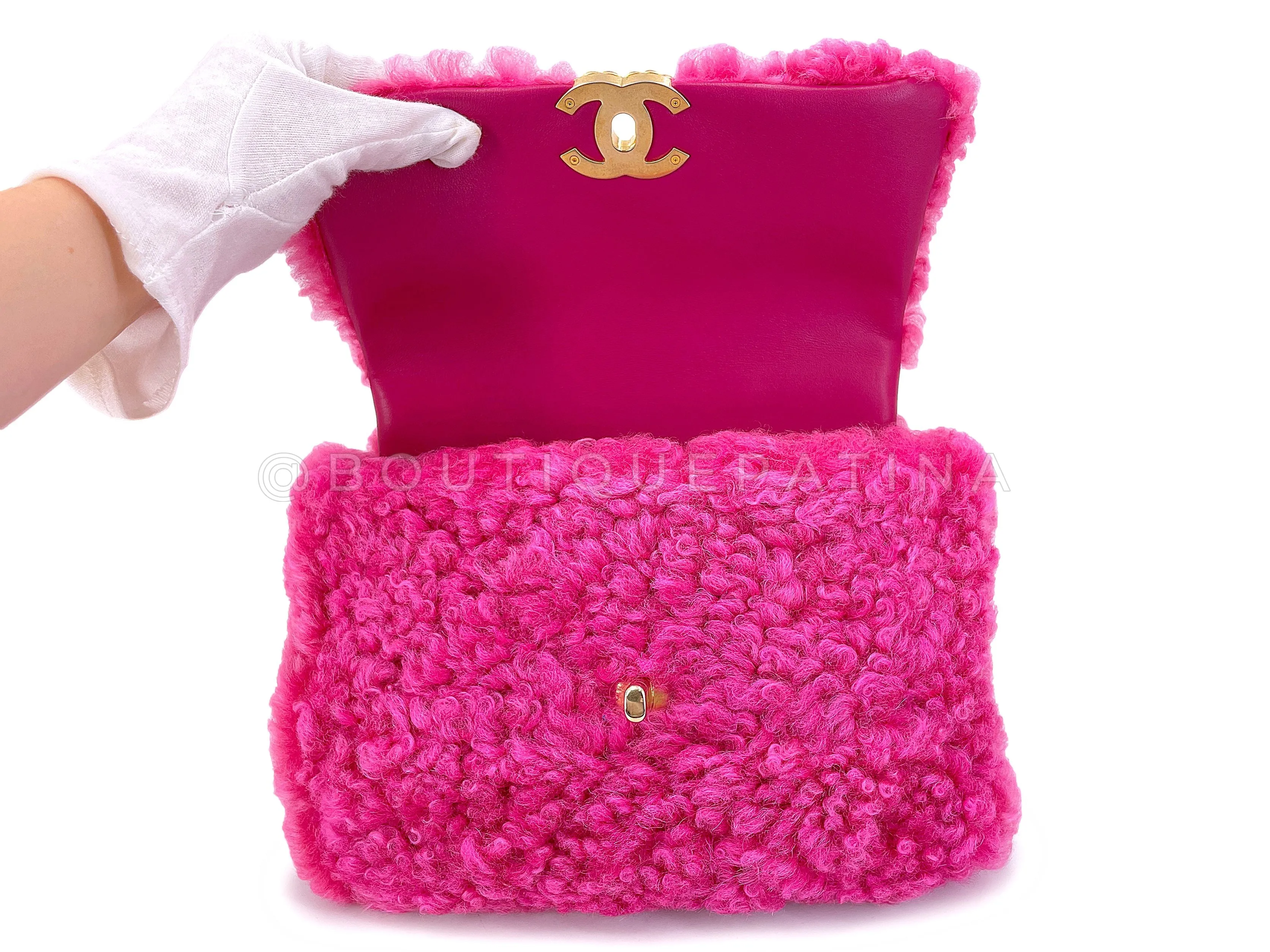 Chanel 19 Pink Shearling Fur Small Medium Flap Bag