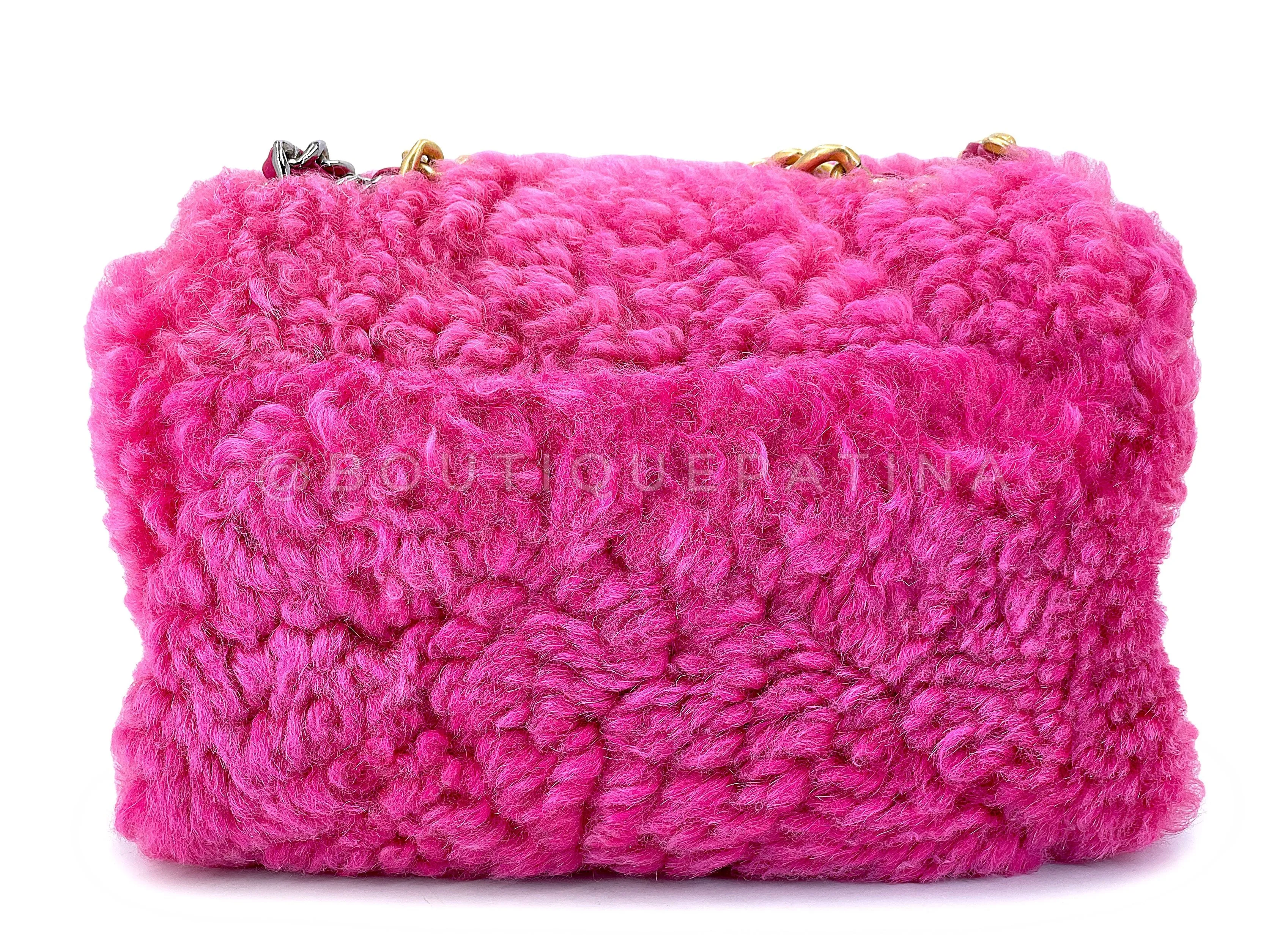 Chanel 19 Pink Shearling Fur Small Medium Flap Bag