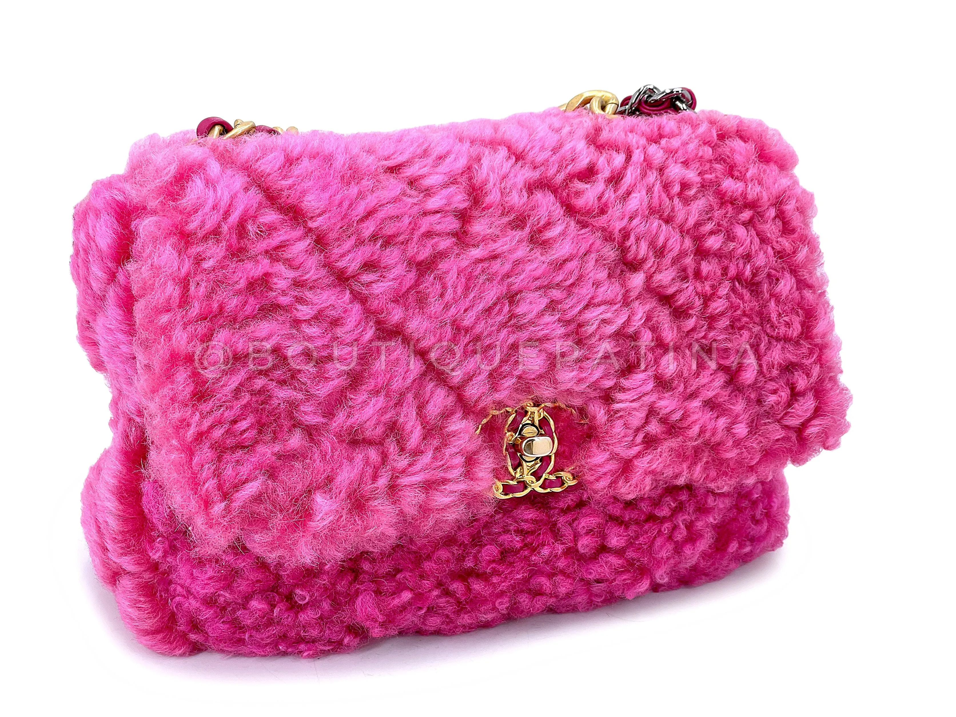 Chanel 19 Pink Shearling Fur Small Medium Flap Bag