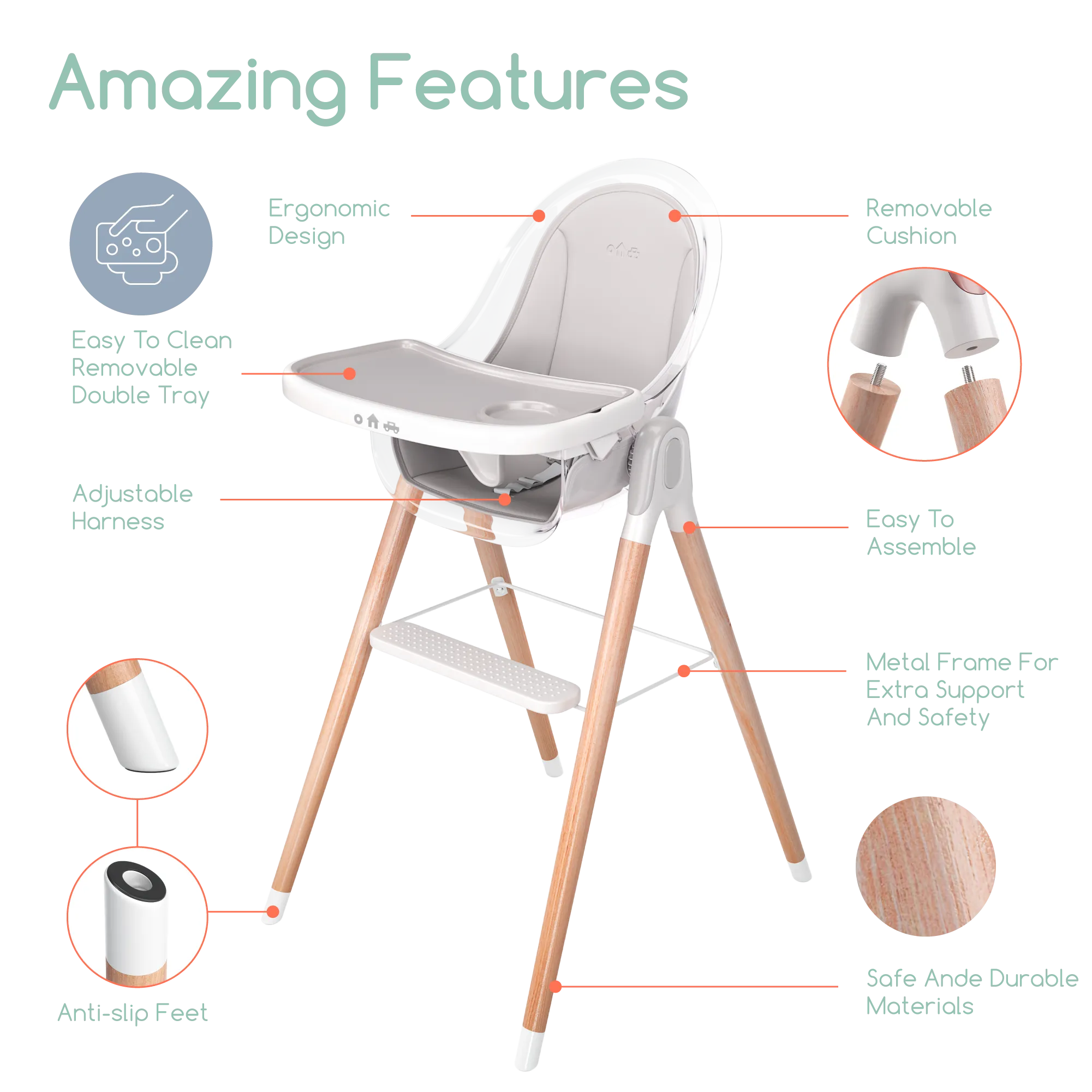 Children of Design Classic Non-Reclinable High Chair with Removable Seat Cushion