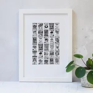 Crisp illustrated black and white print