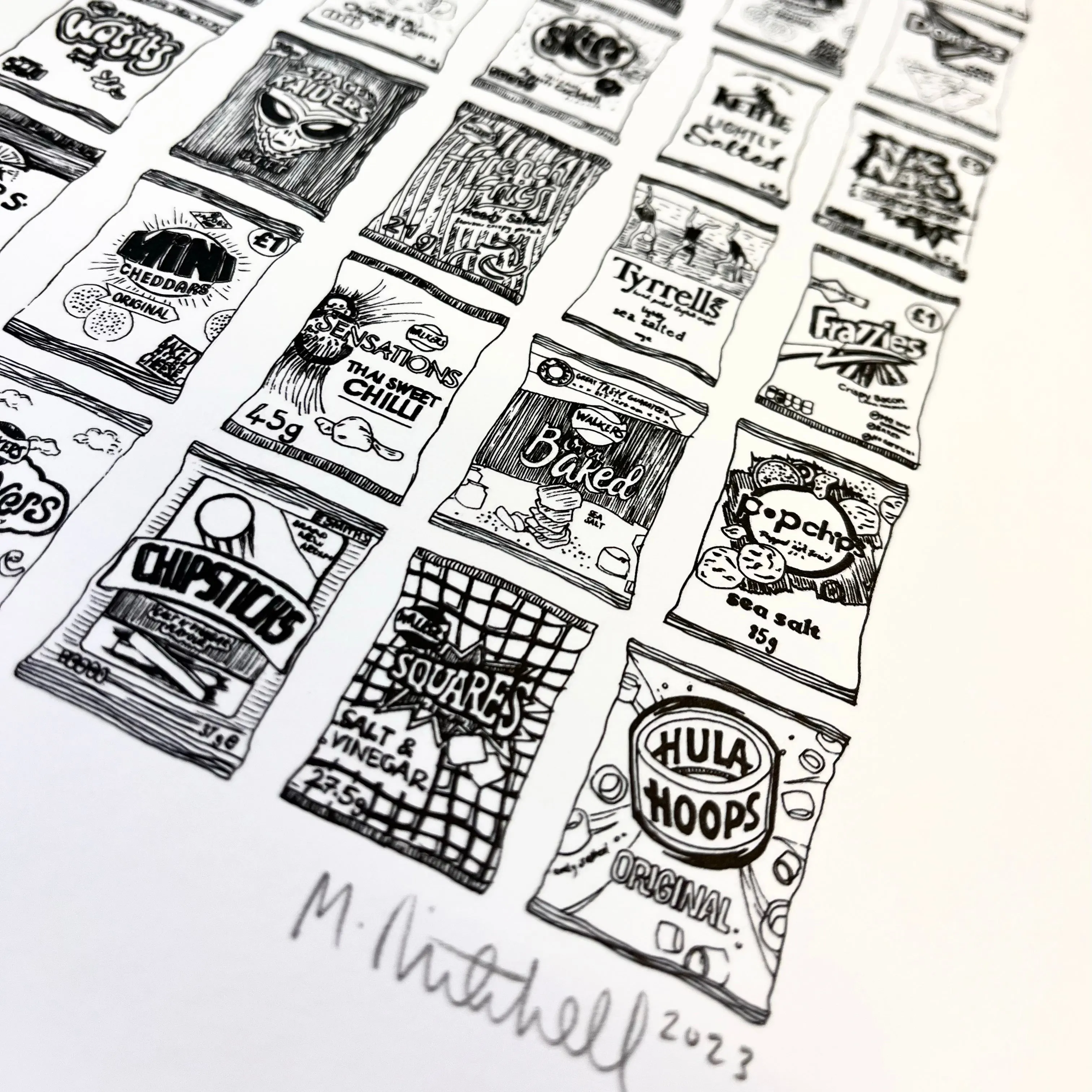 Crisp illustrated black and white print