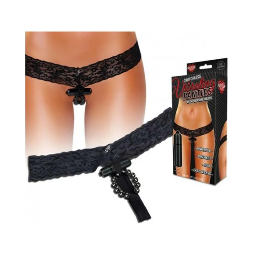 Crotchless Vibrating Thong Beads Black S/M