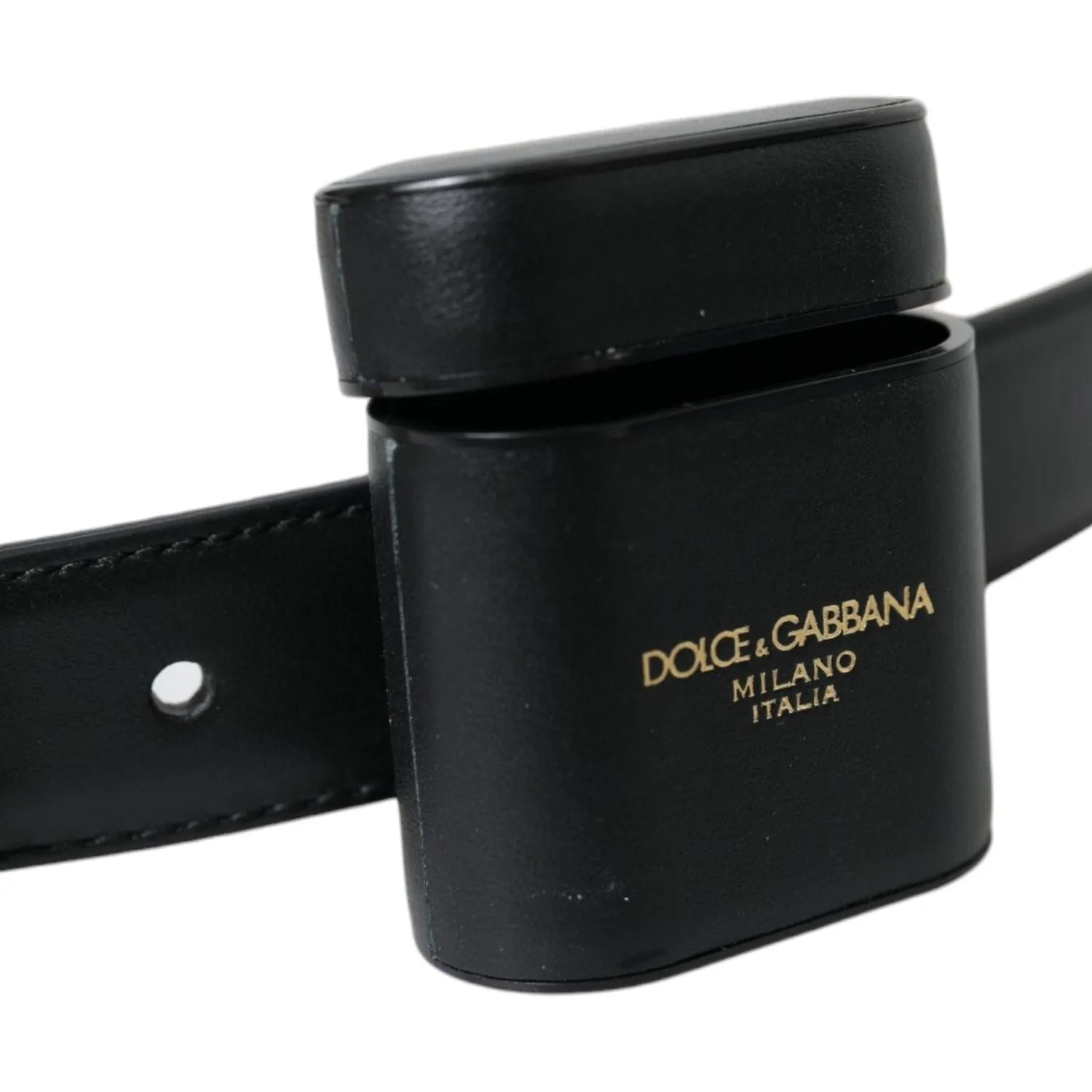 Dolce & Gabbana Black Leather Airpods Case Silver Buckle Belt