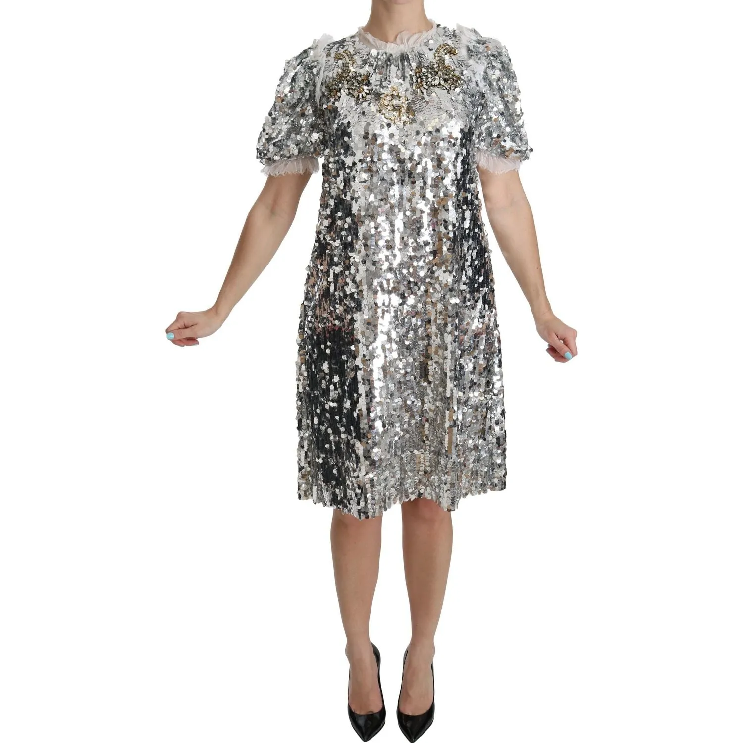 Dolce & Gabbana Elegant Silver A-Line Dress with Crystal Accents