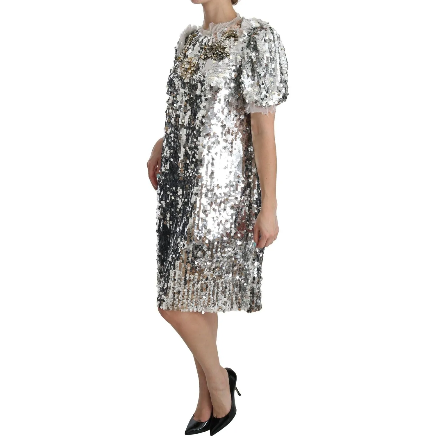 Dolce & Gabbana Elegant Silver A-Line Dress with Crystal Accents