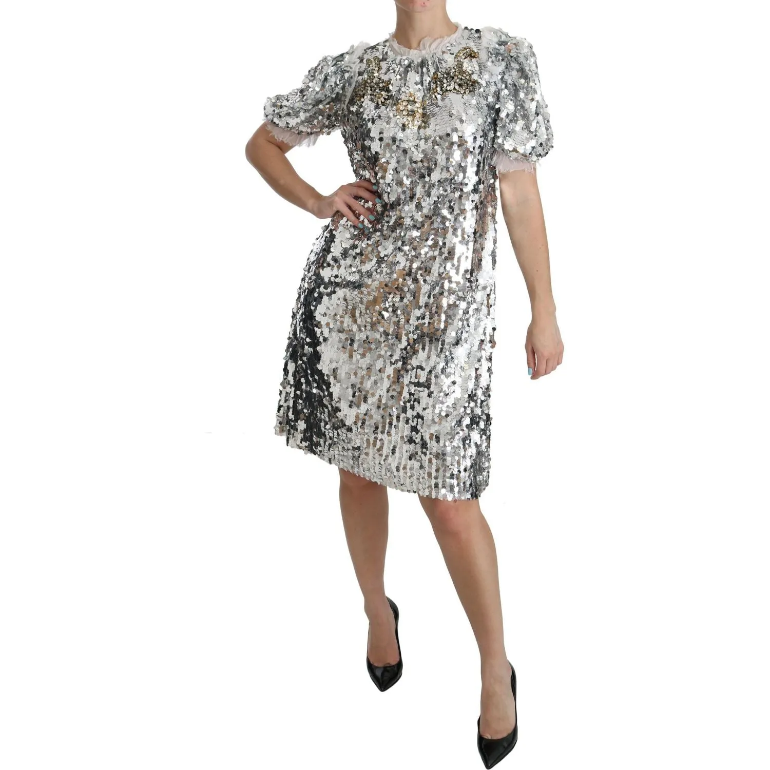 Dolce & Gabbana Elegant Silver A-Line Dress with Crystal Accents