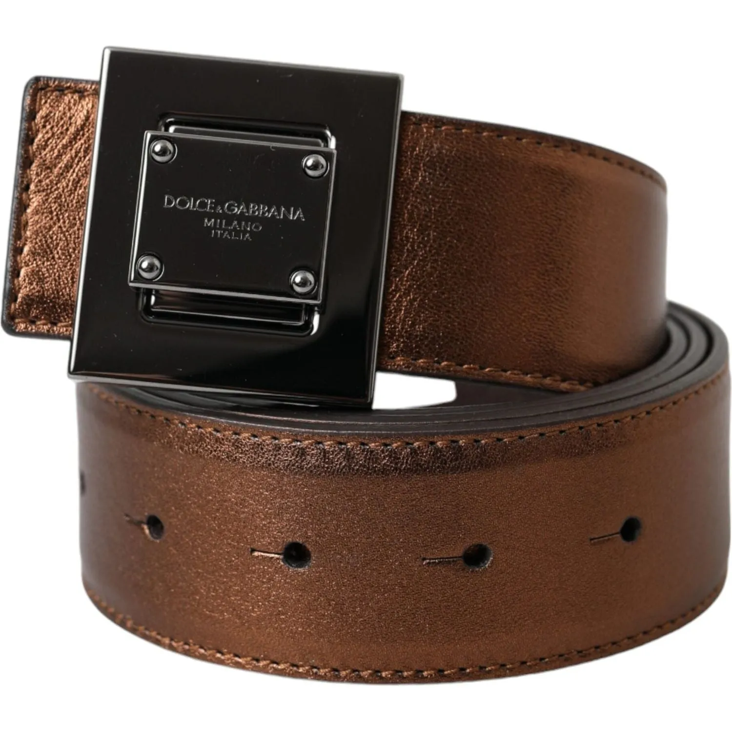 Dolce & Gabbana Metallic Bronze Leather Square Metal Buckle Belt