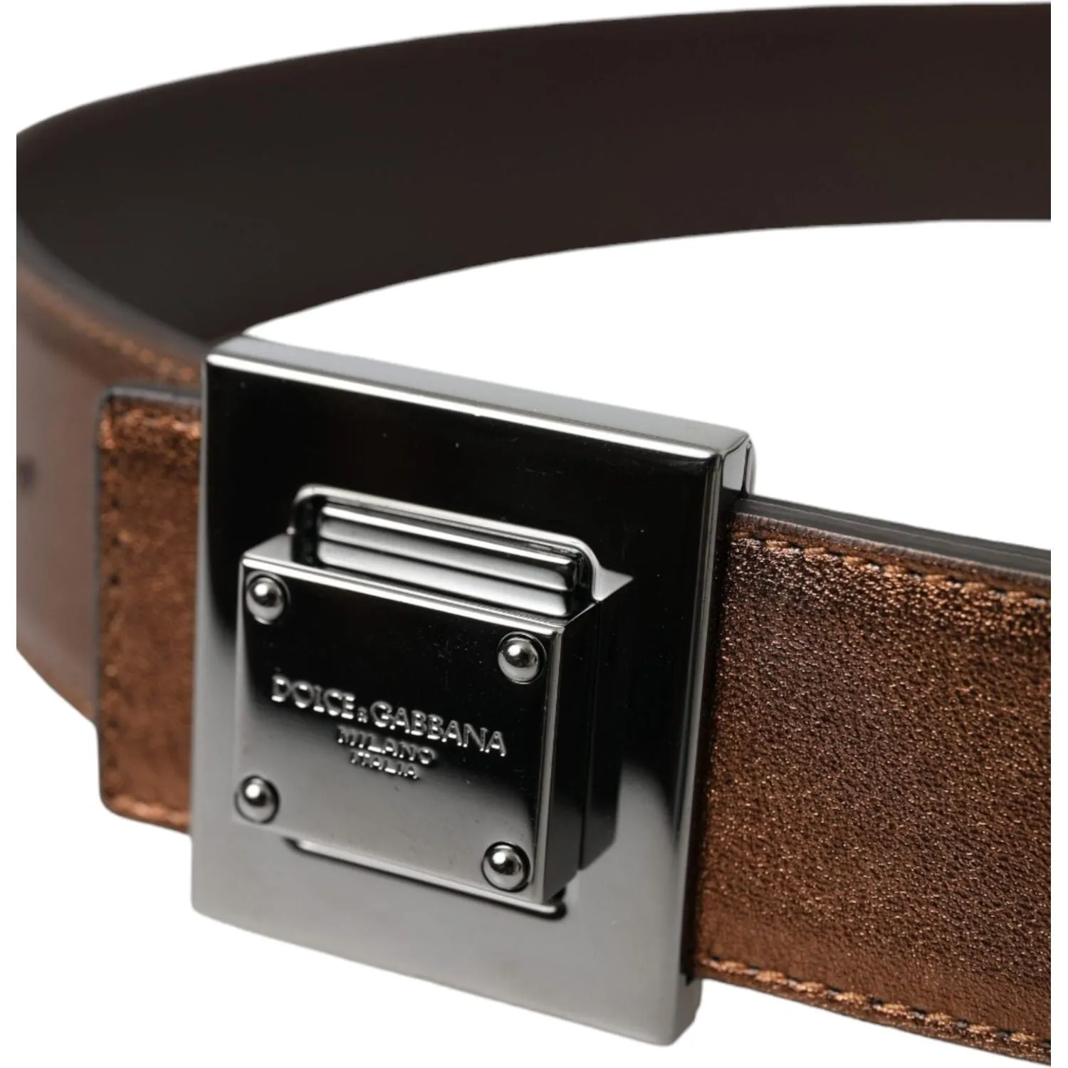 Dolce & Gabbana Metallic Bronze Leather Square Metal Buckle Belt