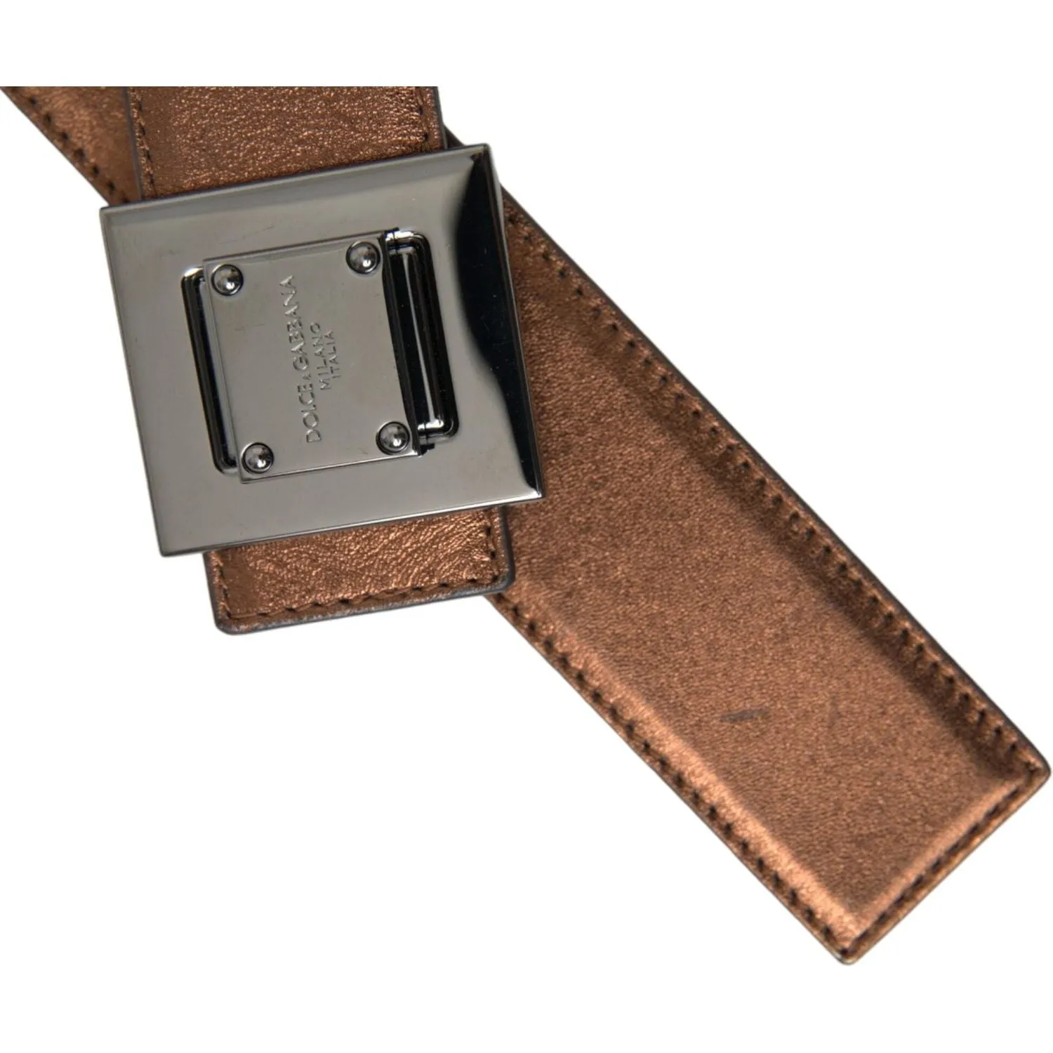 Dolce & Gabbana Metallic Bronze Leather Square Metal Buckle Belt