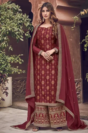 Elegant Red Jacquard Embroidered Palazzo Style Suit