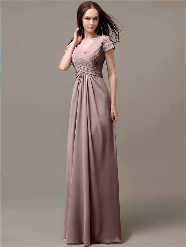 Elegant V-neck Short Sleeves A-line Floor-Length Bridesmaid Dresses