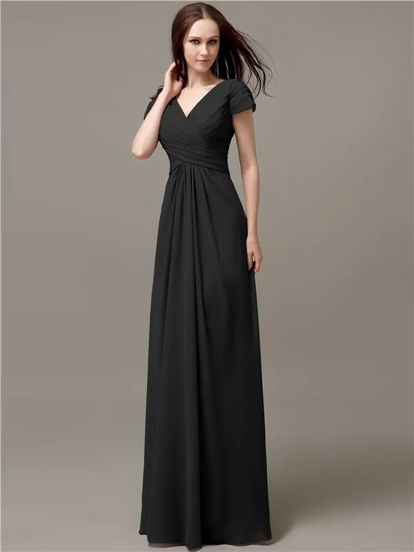 Elegant V-neck Short Sleeves A-line Floor-Length Bridesmaid Dresses